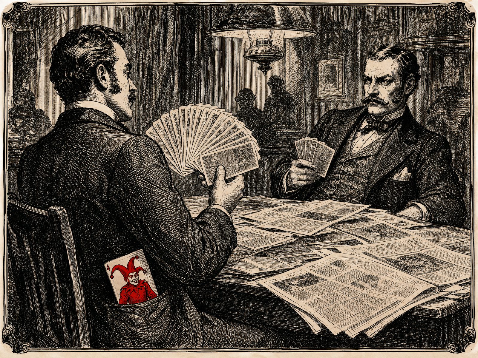 Engraving of two gentlemen playing cards across a table piled with newspapers