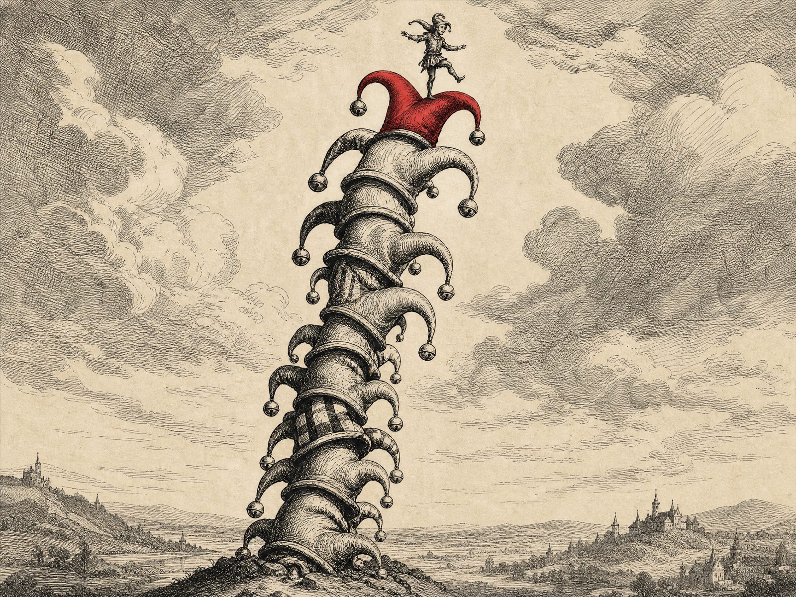 Engraving of a tall wobbling tower of stacked jester caps with a tiny figure on top