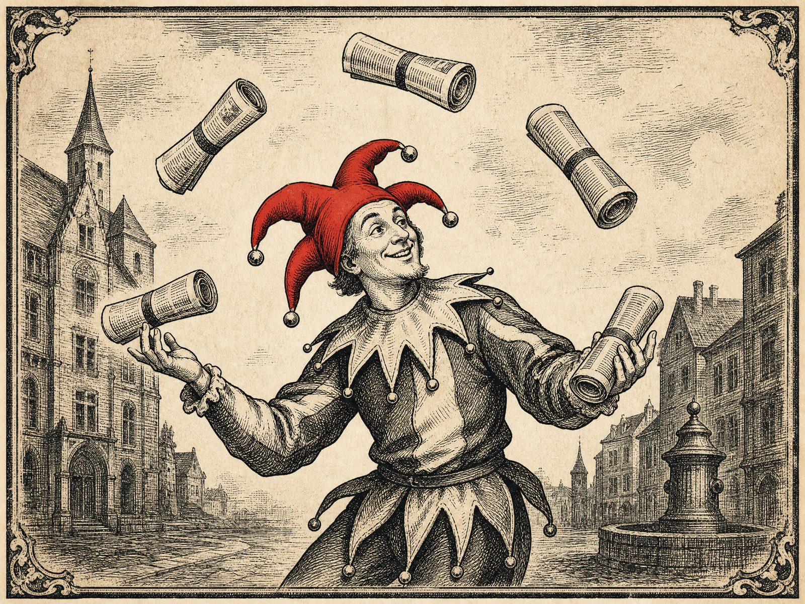 Engraved illustration of a jester juggling rolled newspapers in a town square